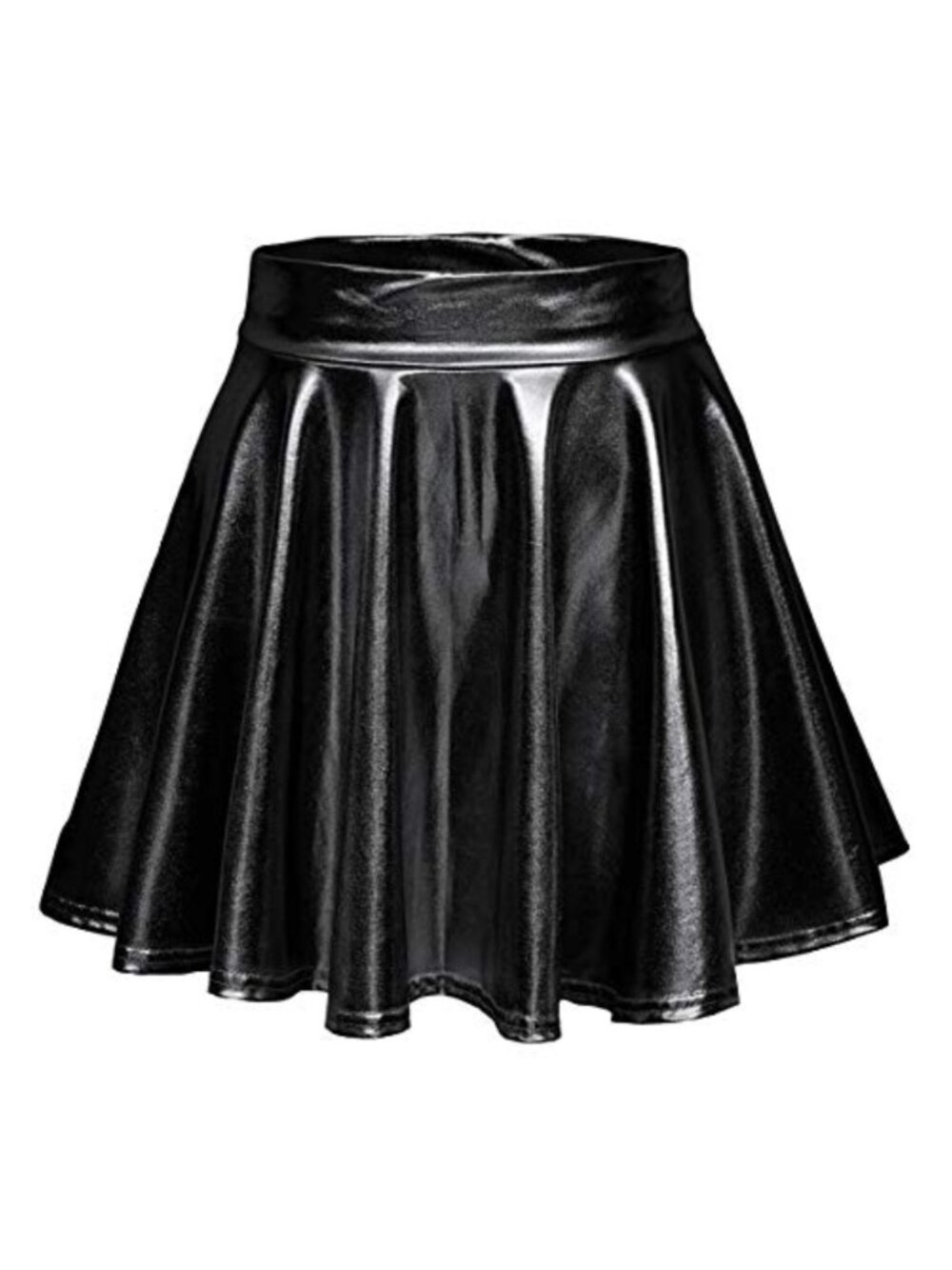 Women's Metallic Wet Look Stretchy Flared Mini Skater Skirt High Rise